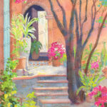 A watercolor painting by Esme' Glenn depicting several potted, flowering plants on a sun-lit patio.