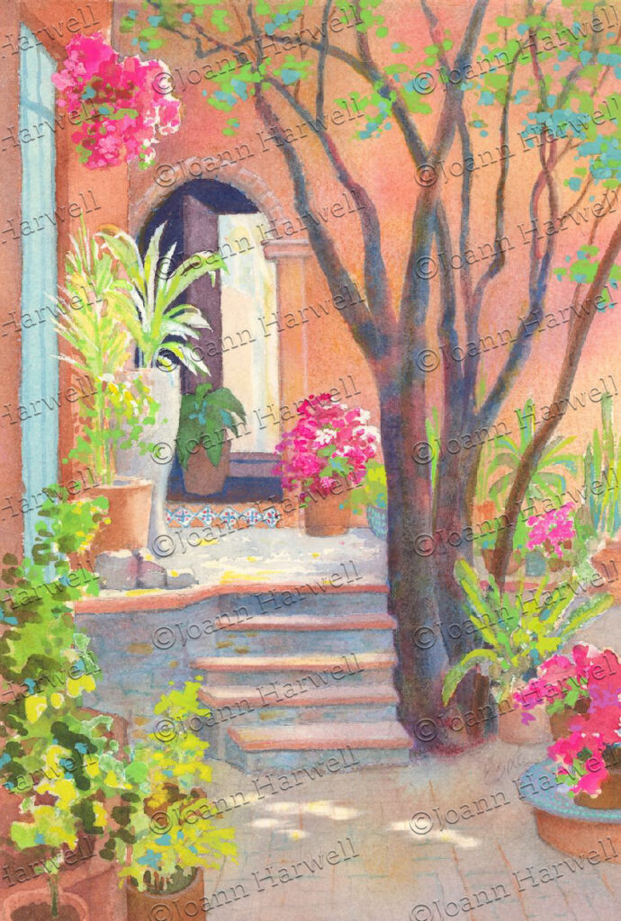 A watercolor painting by Esme' Glenn depicting several potted, flowering plants on a sun-lit patio.