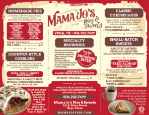 A menu of bakery items from Mama Jo's Pies & Sweets in Vega, Texas.